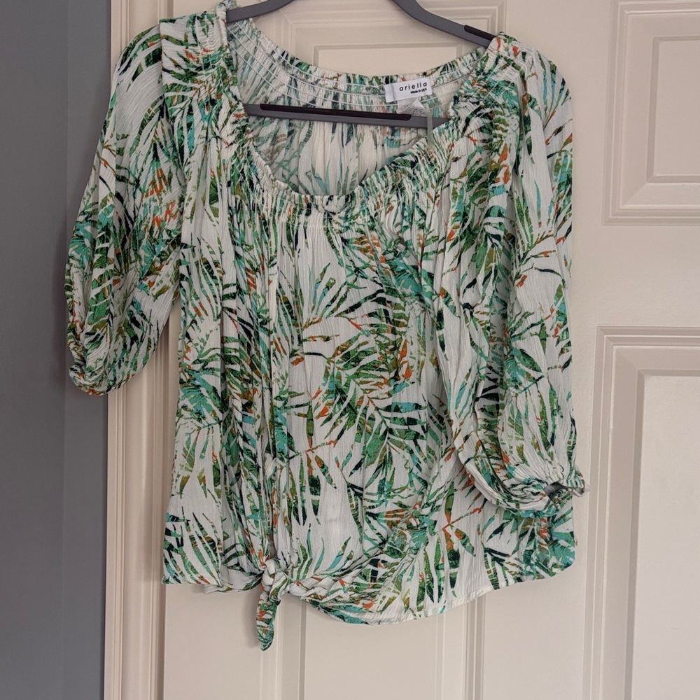 Ariella Green and White Leaf Print Blouse